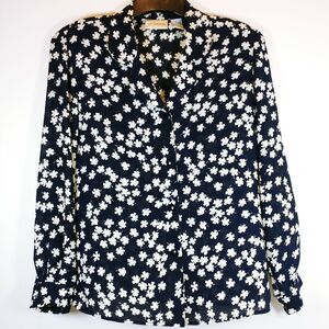 Liz Claiborne Collection Sz 6 Blouse navy blue white clover pattern lucky